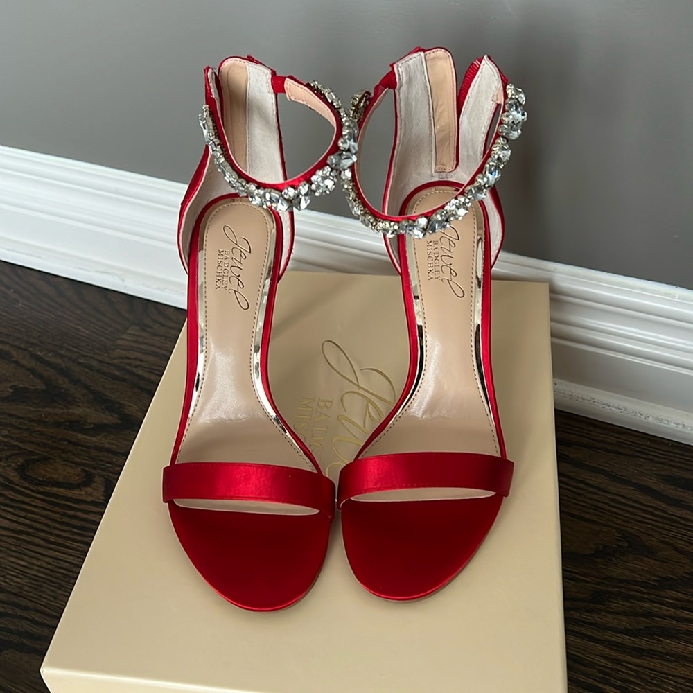 Badgley Mischka red satin jeweled sandal